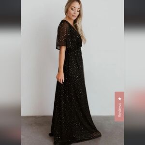 BALTIC BORN Grace Sparkle Dress, Black w/gold, faux-wrap, short sleeve, Size S